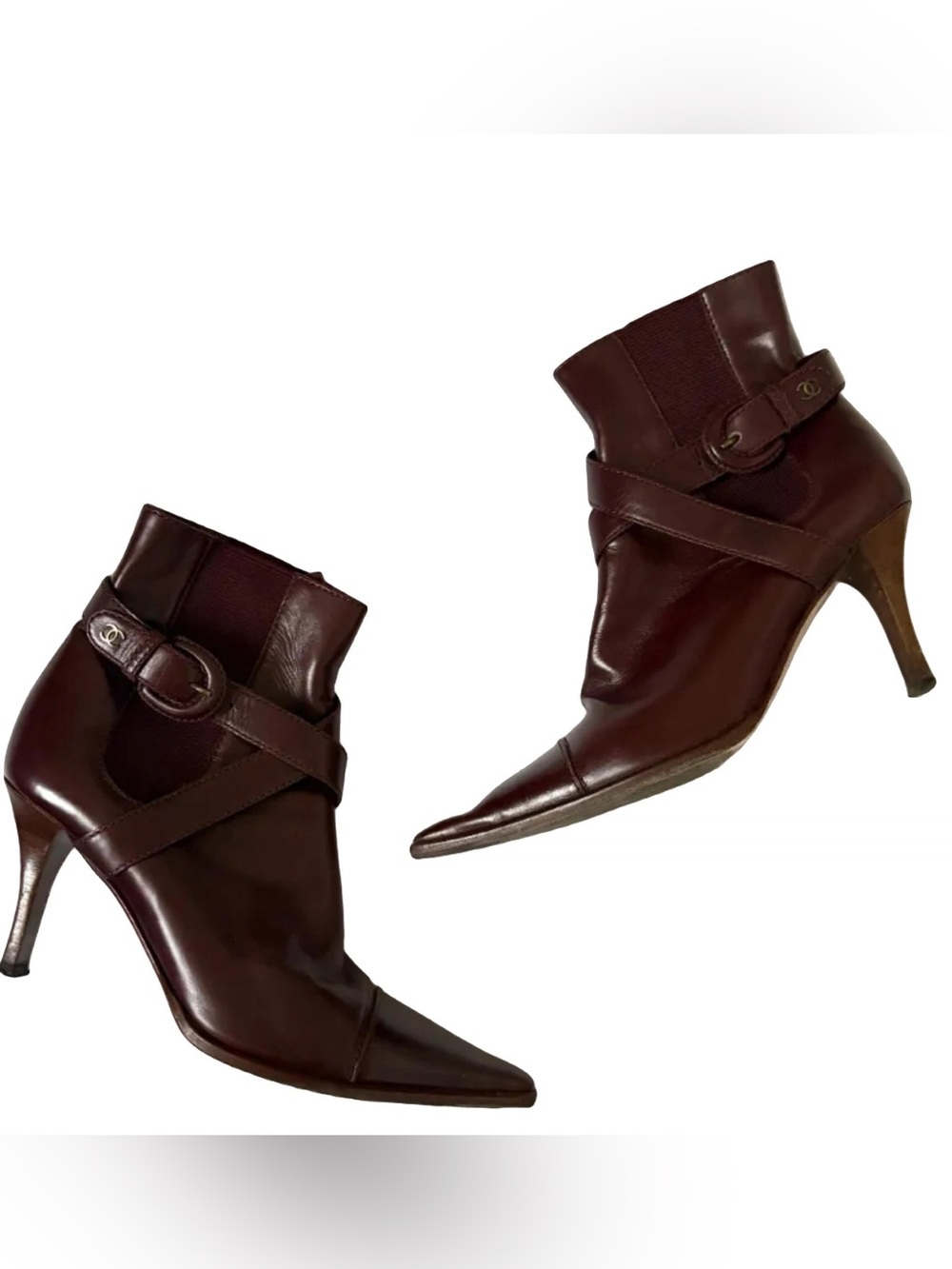 CHANEL Burgundy Leather Pointed-Toe Ankle Booties with Buckle
